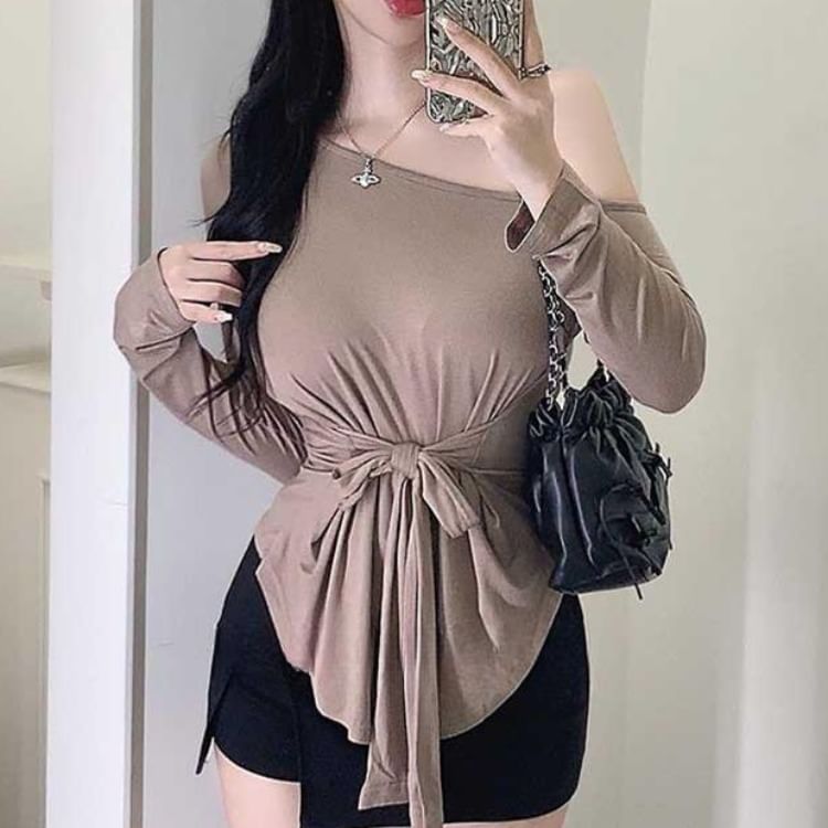 Off-Shoulder Asymmetric Solid Top with Extended Sleeves