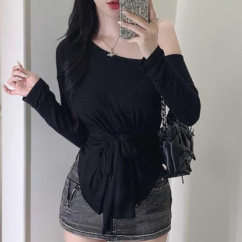 Off-Shoulder Asymmetric Solid Top with Extended Sleeves