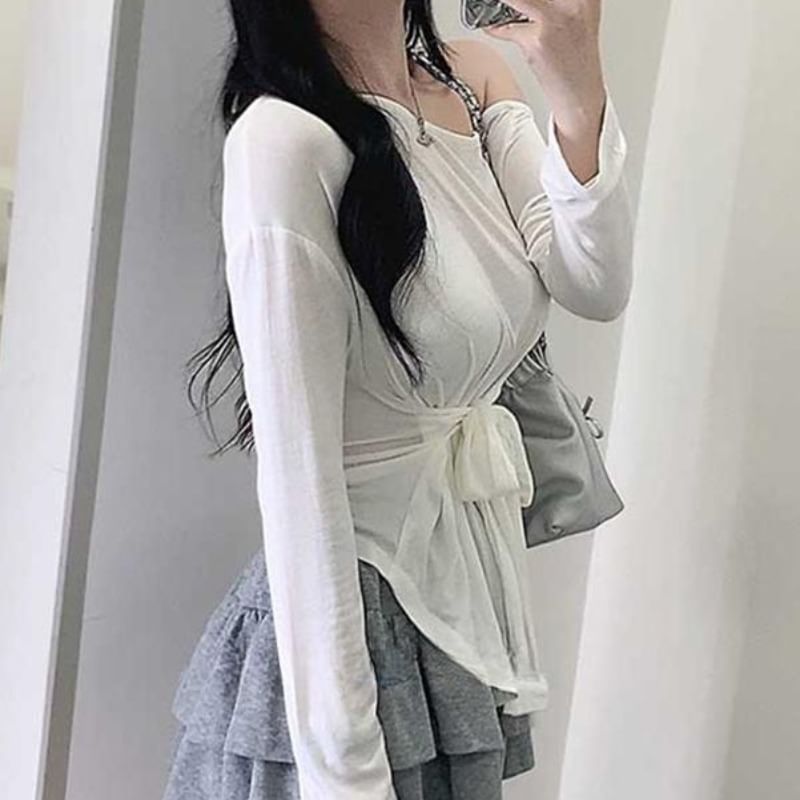 Off-Shoulder Asymmetric Solid Top with Extended Sleeves