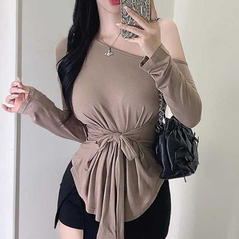 Off-Shoulder Asymmetric Solid Top with Extended Sleeves