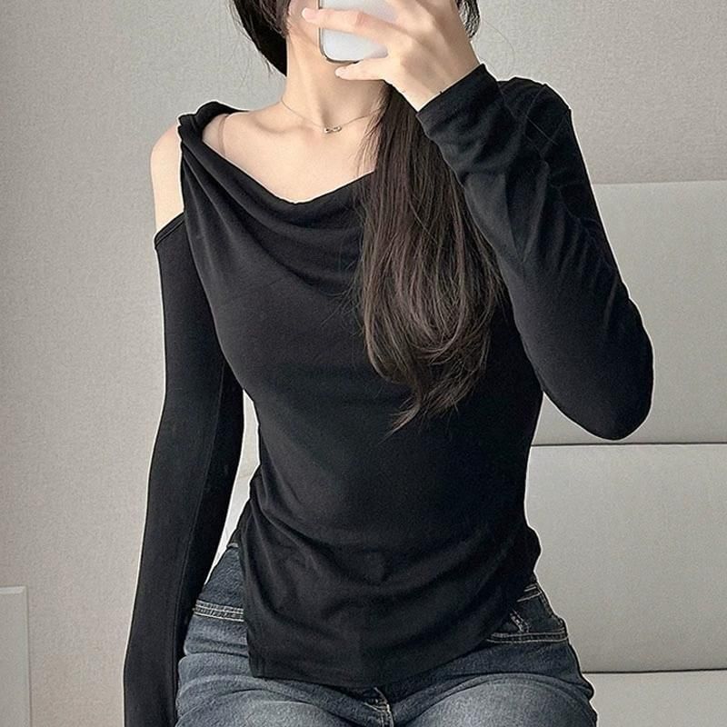 Cold-Shoulder Asymmetric Solid Top with Long Sleeves