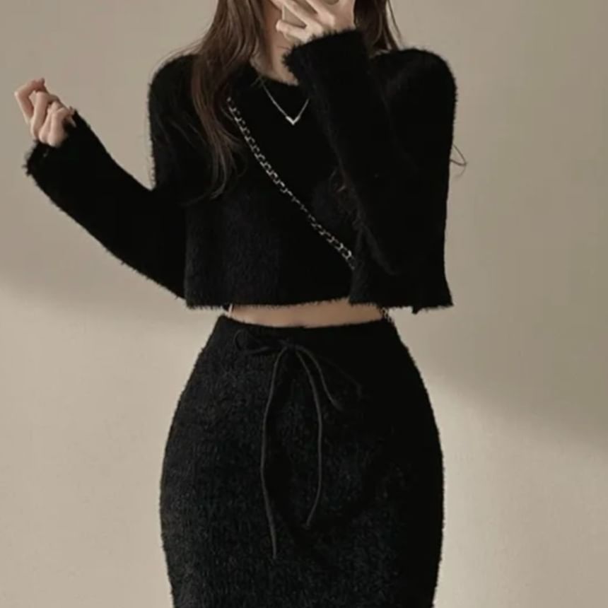 Two-Piece Cropped Knit Sweater and Mini Skirt Matching Ensemble Set
