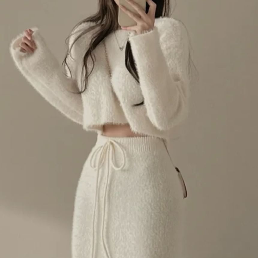 Two-Piece Cropped Knit Sweater and Mini Skirt Matching Ensemble Set