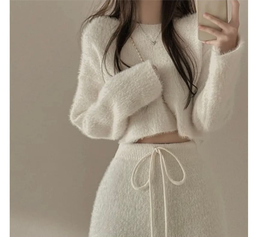 Two-Piece Cropped Knit Sweater and Mini Skirt Matching Ensemble Set