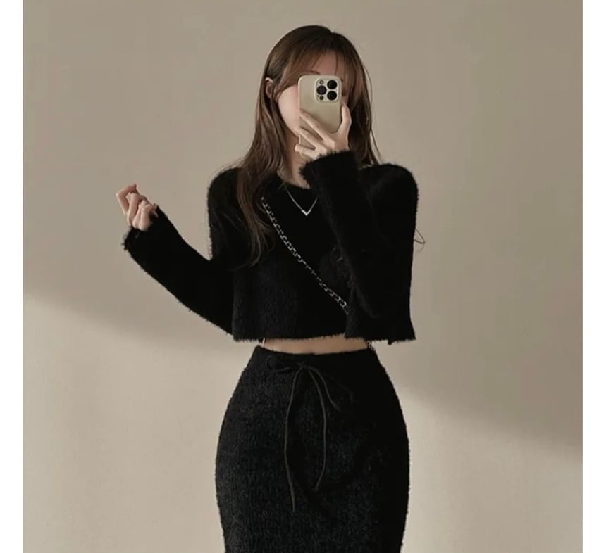 Two-Piece Cropped Knit Sweater and Mini Skirt Matching Ensemble Set