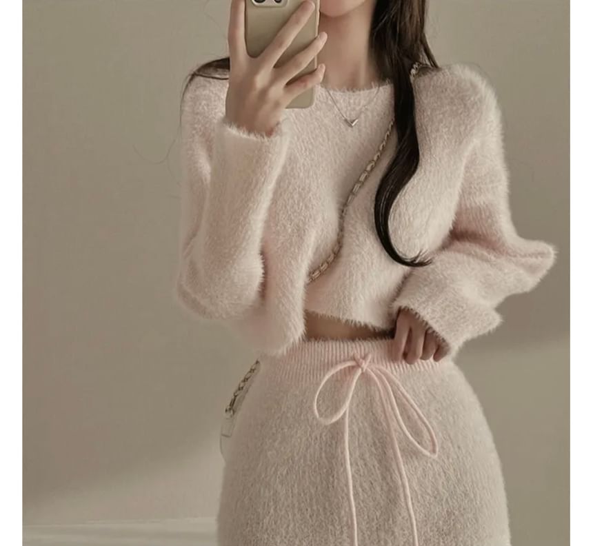 Two-Piece Cropped Knit Sweater and Mini Skirt Matching Ensemble Set