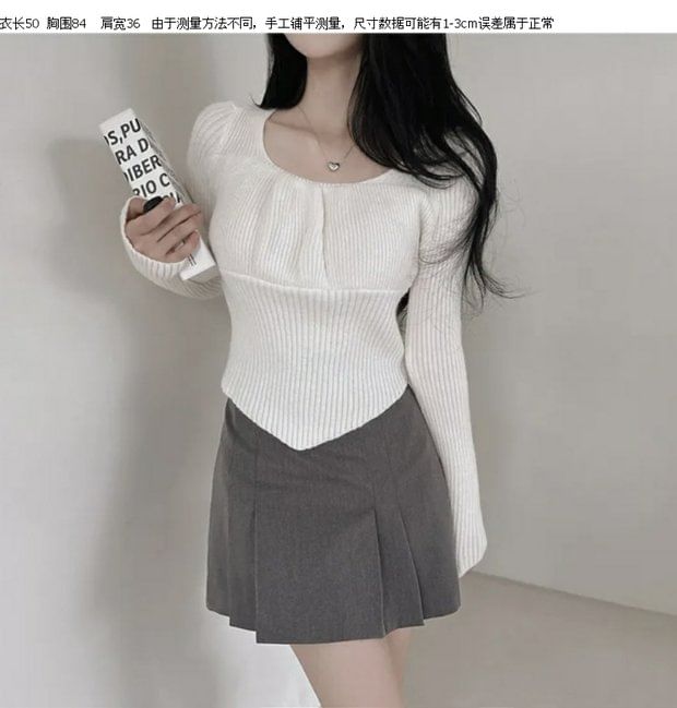 Asymmetric Solid Knit Top with Crewneck & Long Sleeves