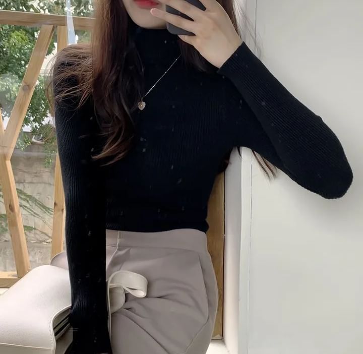 Turtleneck Solid Knit Top with Long Sleeves