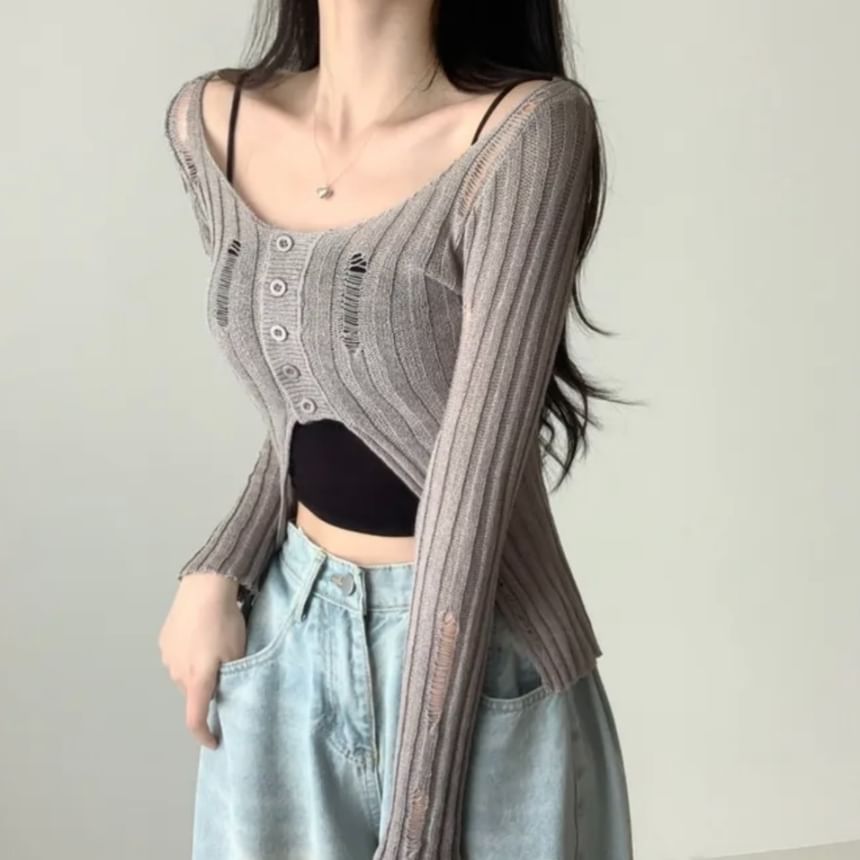 Distressed Solid Crop Knit Top with V-Neckline & Long Sleeves