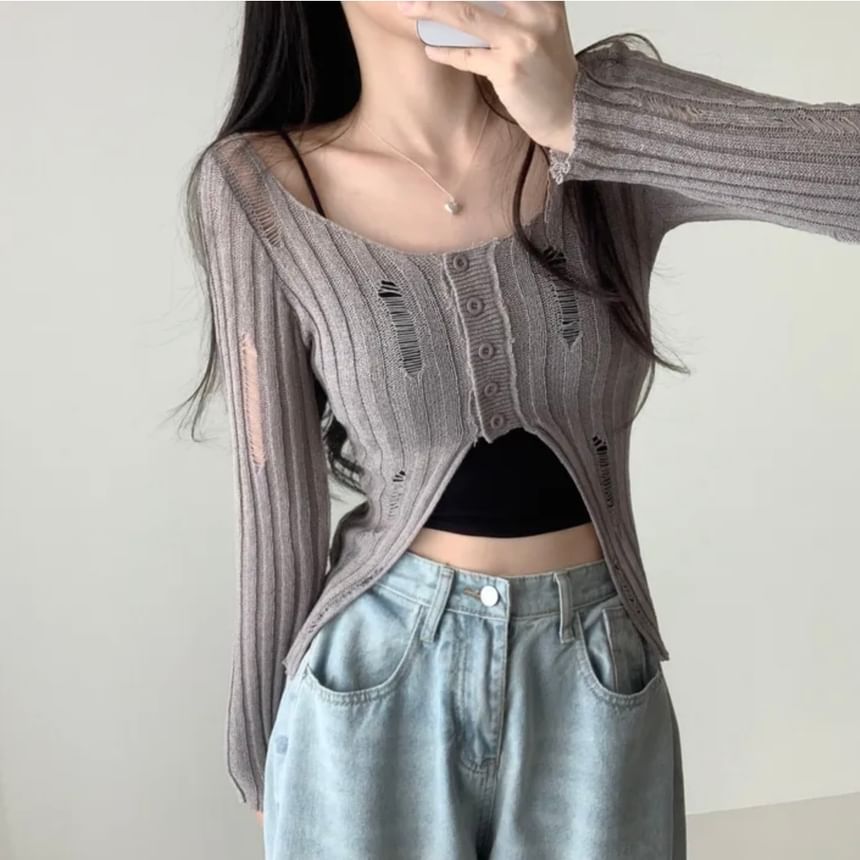 Distressed Solid Crop Knit Top with V-Neckline & Long Sleeves