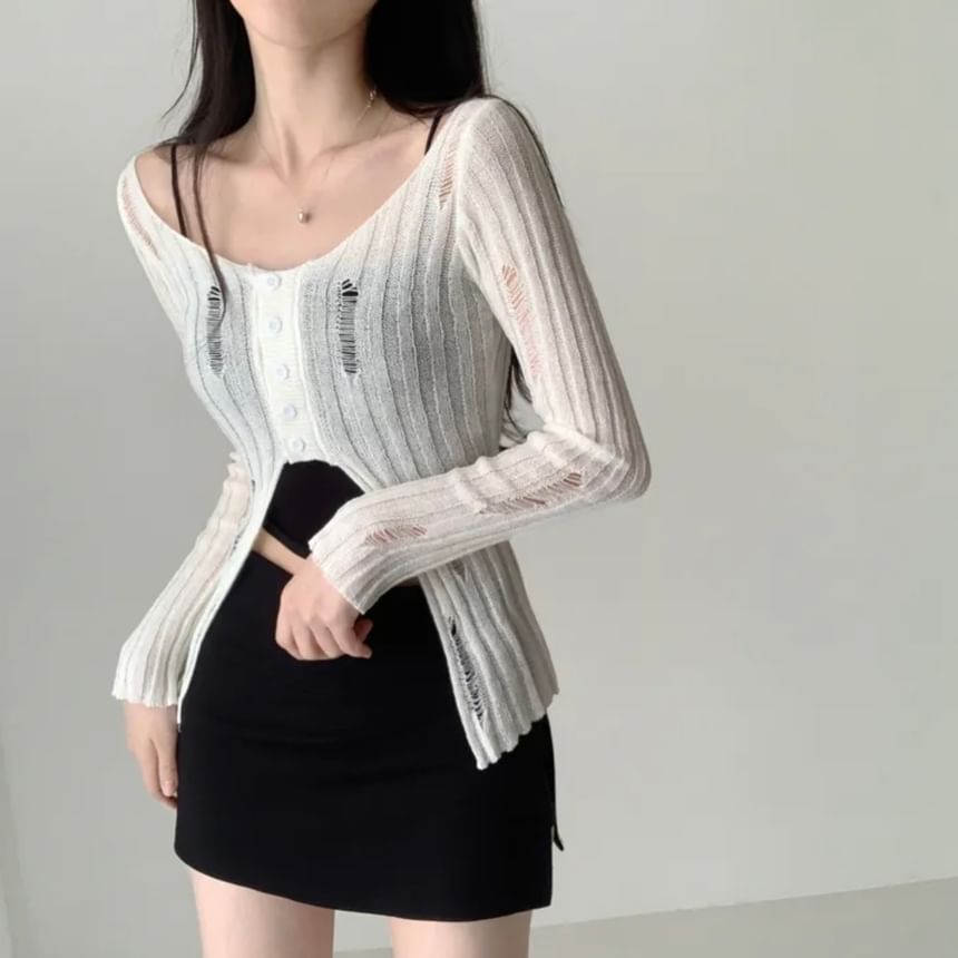 Distressed Solid Crop Knit Top with V-Neckline & Long Sleeves