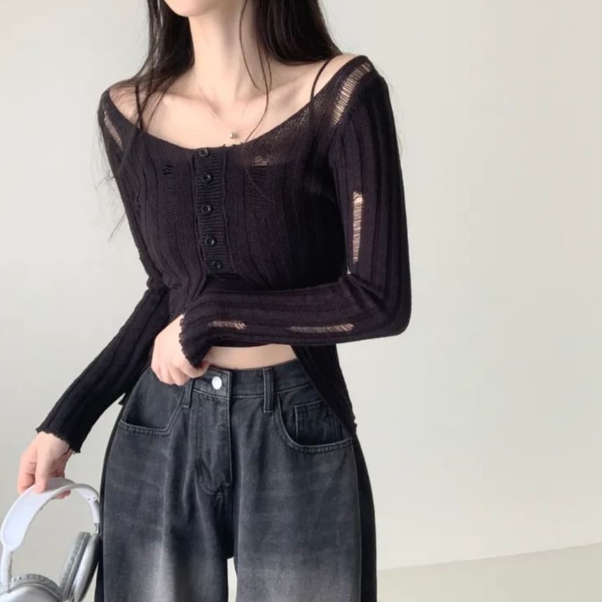 Distressed Solid Crop Knit Top with V-Neckline & Long Sleeves