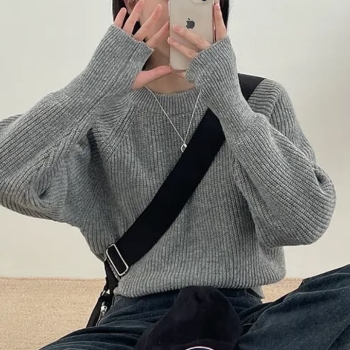 Ribbed Solid Sweater with Crewneck