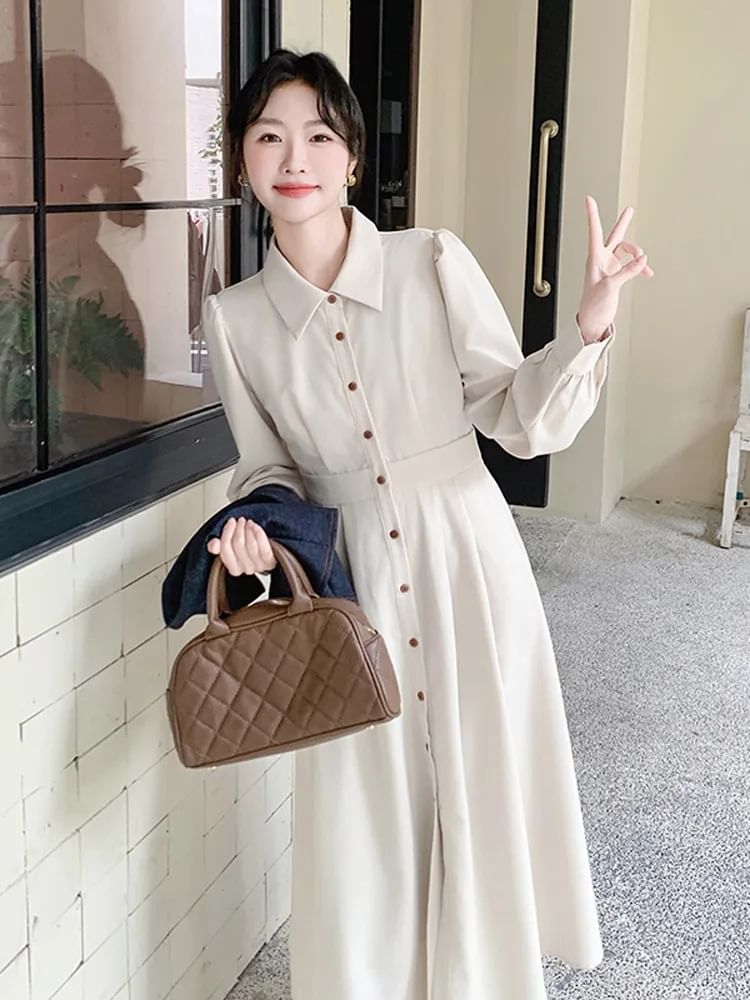 Solid A-Line Midi Shirt Dress & Asymmetric Button Crop Vest with Sleeves