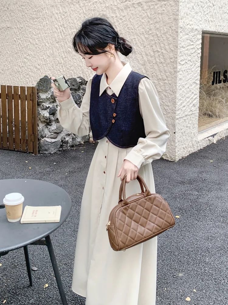 Solid A-Line Midi Shirt Dress & Asymmetric Button Crop Vest with Sleeves
