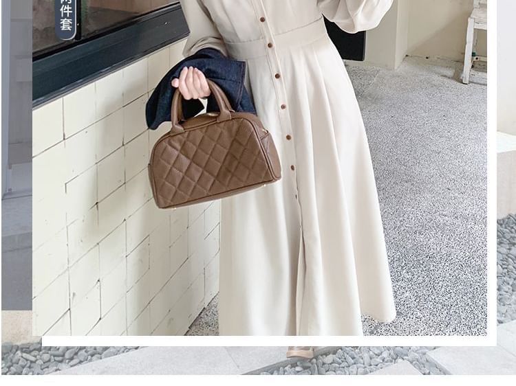 Solid A-Line Midi Shirt Dress & Asymmetric Button Crop Vest with Sleeves