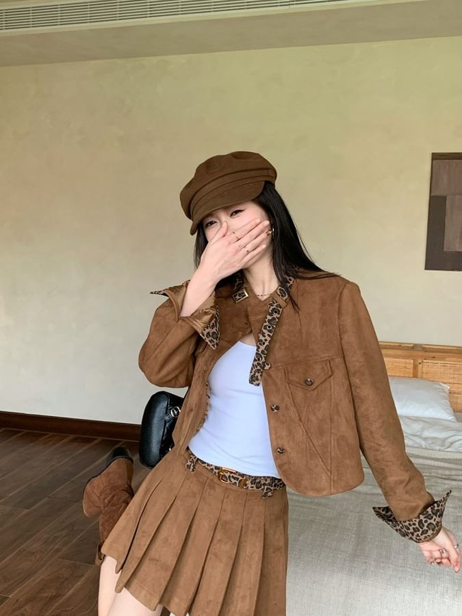 Leopard Pattern Faux Suede Jacket & Pleated Mini Skirt Set