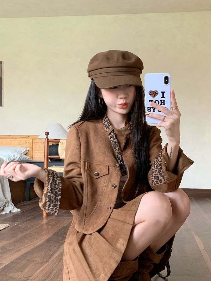Leopard Pattern Faux Suede Jacket & Pleated Mini Skirt Set
