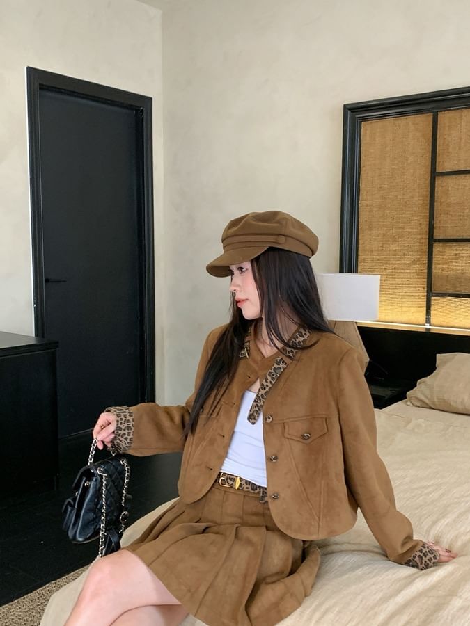 Leopard Pattern Faux Suede Jacket & Pleated Mini Skirt Set