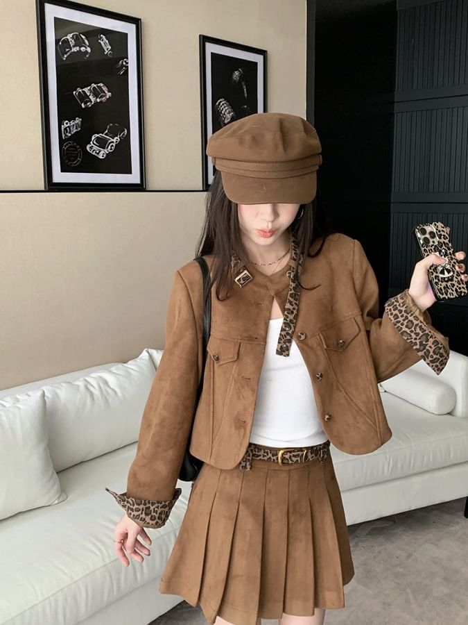 Leopard Pattern Faux Suede Jacket & Pleated Mini Skirt Set