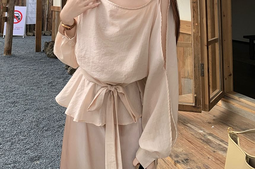Scoop Neck Tie-Waist Blouse & Satin Maxi Skirt Set