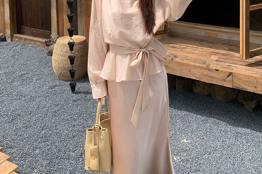 Scoop Neck Tie-Waist Blouse & Satin Maxi Skirt Set