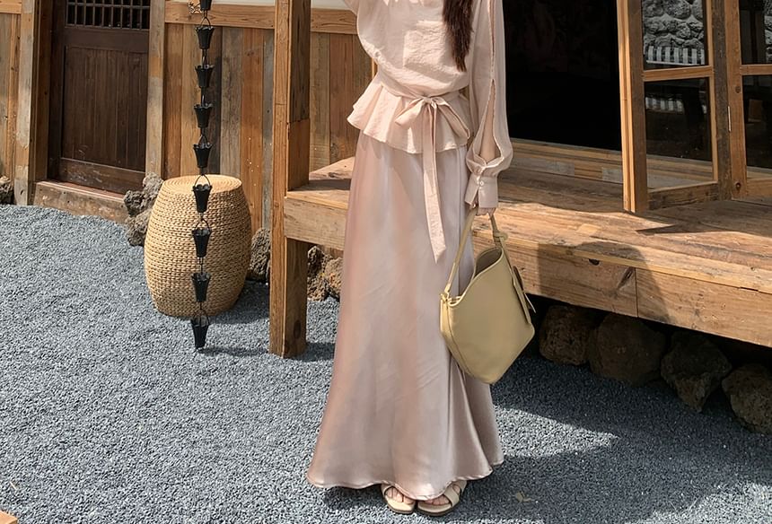 Scoop Neck Tie-Waist Blouse & Satin Maxi Skirt Set