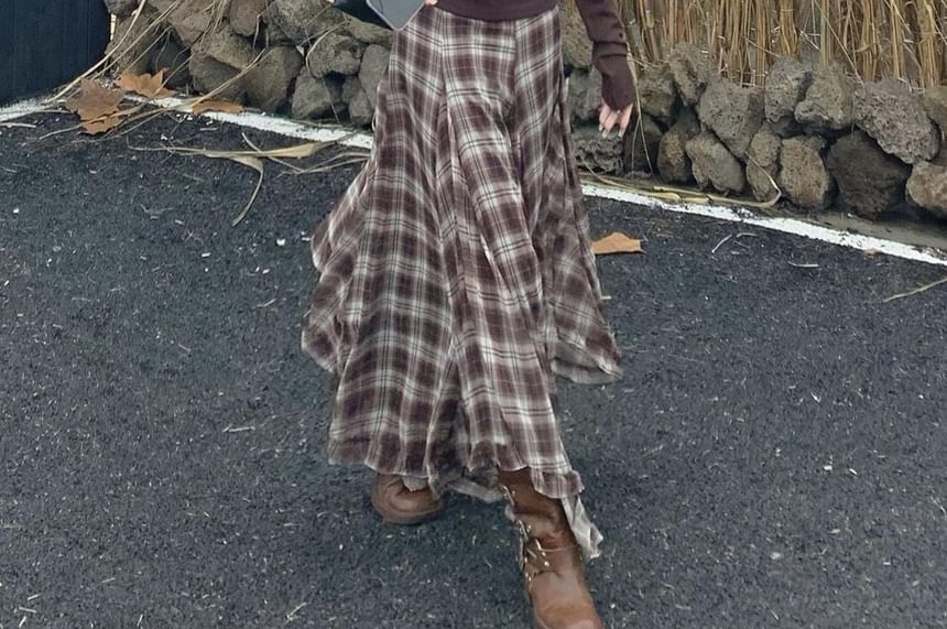 Off Shoulder Ruched Top & Plaid Maxi Skirt Set