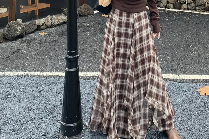 Off Shoulder Ruched Top & Plaid Maxi Skirt Set