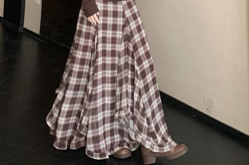 Off Shoulder Ruched Top & Plaid Maxi Skirt Set