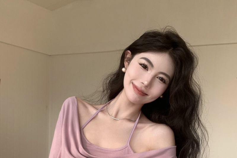 Mock Two-Piece Ruched Halter Top with Extended Sleeves in Solid Color