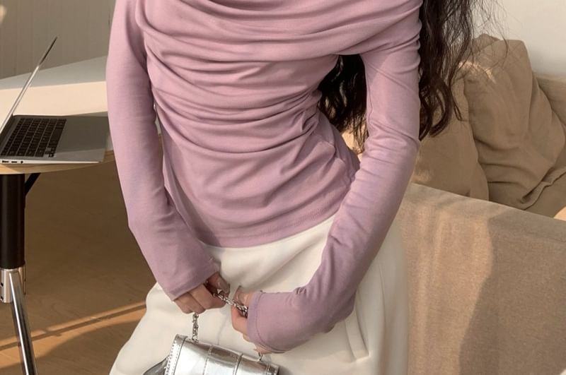 Mock Two-Piece Ruched Halter Top with Extended Sleeves in Solid Color
