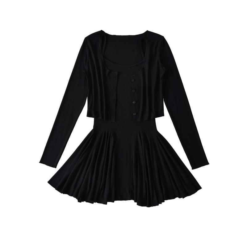 Set: Spaghetti Strap Plain Mini A-Line Dress + Round Neck Crop Cardigan