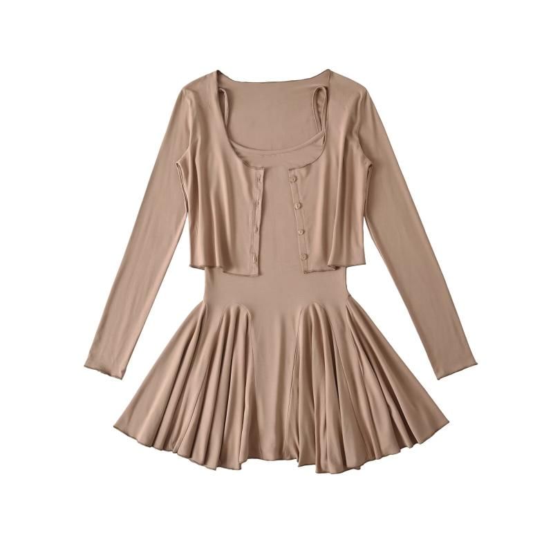 Set: Spaghetti Strap Plain Mini A-Line Dress + Round Neck Crop Cardigan