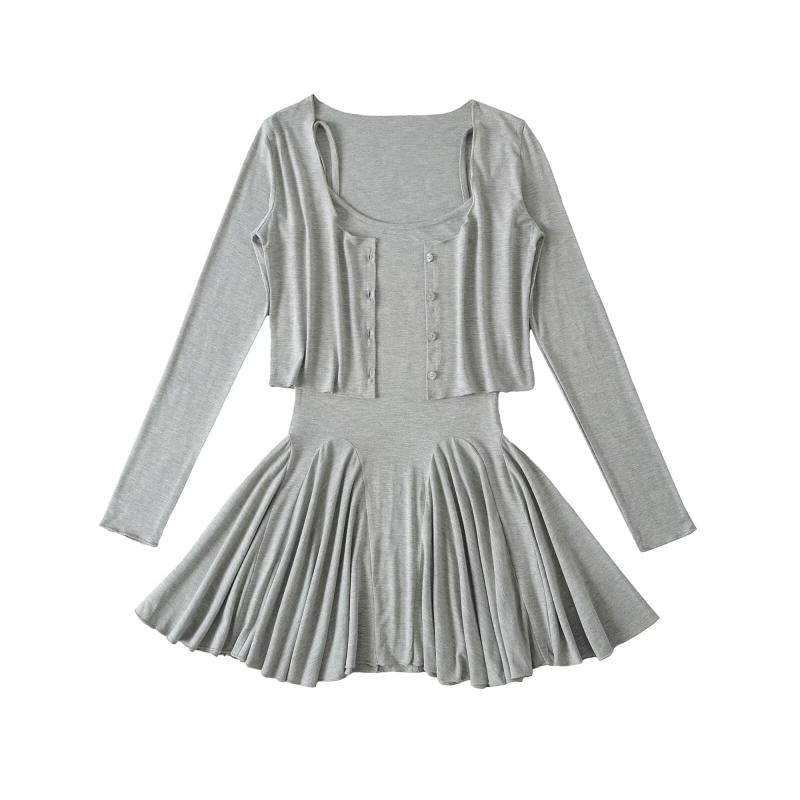 Set: Spaghetti Strap Plain Mini A-Line Dress + Round Neck Crop Cardigan