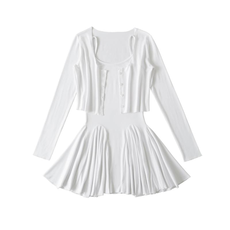 Set: Spaghetti Strap Plain Mini A-Line Dress + Round Neck Crop Cardigan