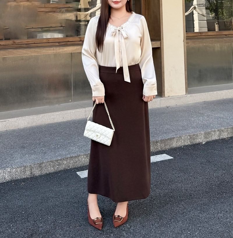 Plus Size Scoop Neck Plain Long Sleeve Blouse Shirt