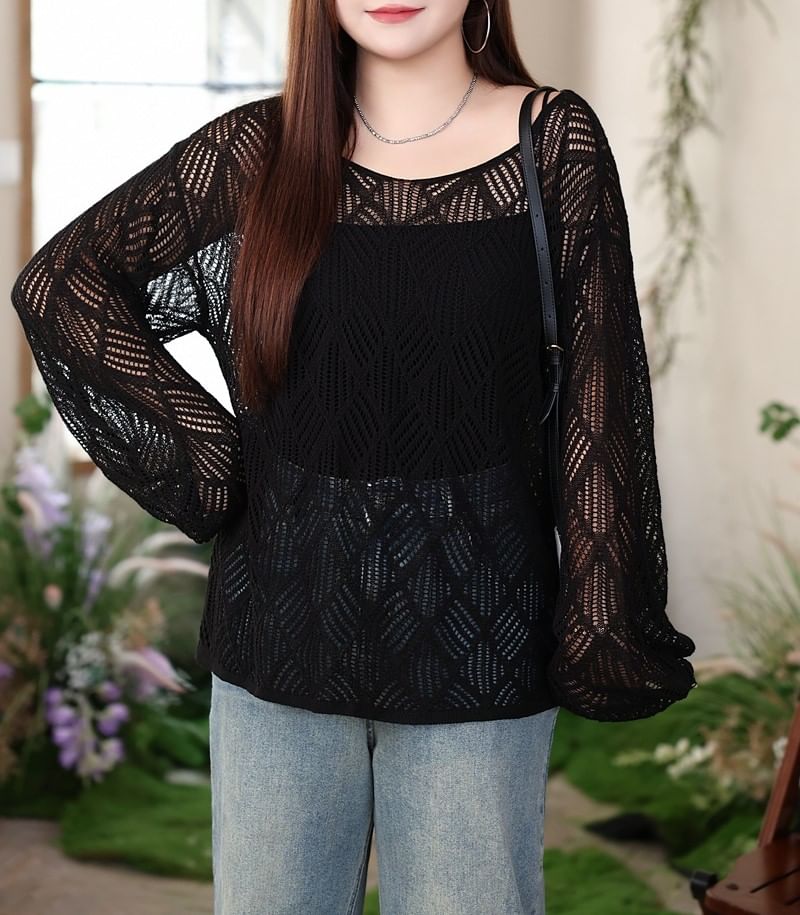 Plus Size Long Sleeve Off Shoulder Cutout Blouse Top