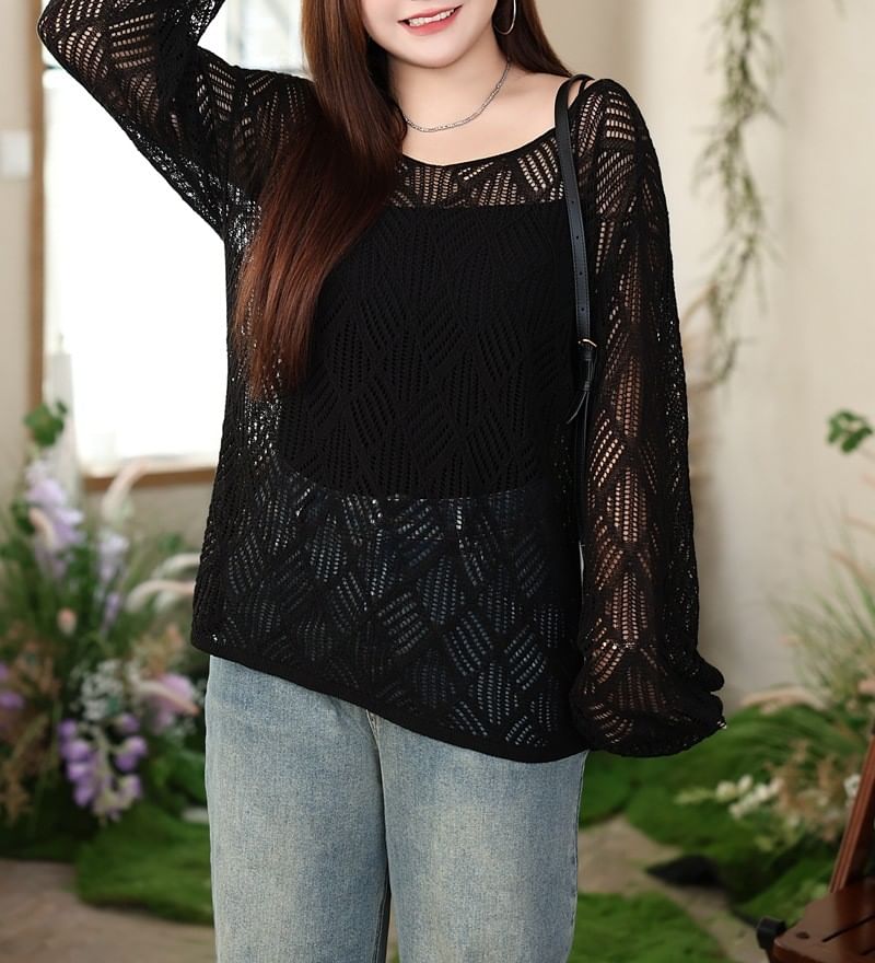Plus Size Long Sleeve Off Shoulder Cutout Blouse Top