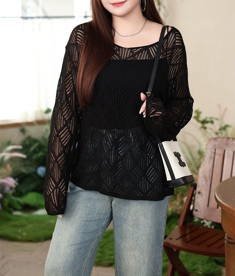 Plus Size Long Sleeve Off Shoulder Cutout Blouse Top