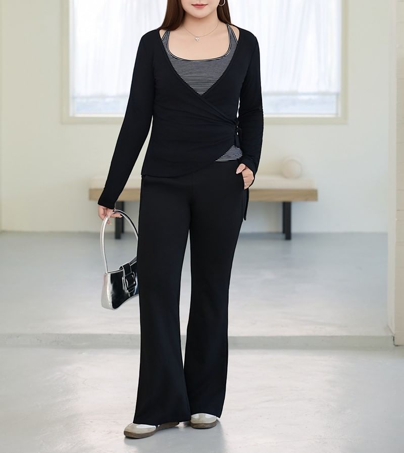 Plus-Size High-Waist Flared Sweatpants & Striped Tank & V-Neck Wrap Top