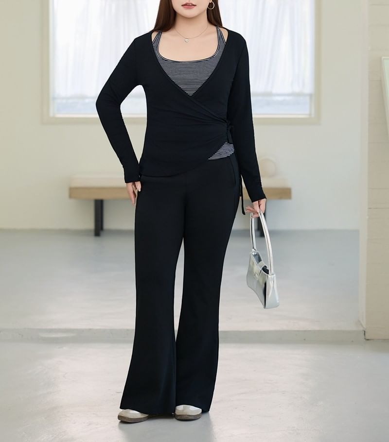 Plus-Size High-Waist Flared Sweatpants & Striped Tank & V-Neck Wrap Top