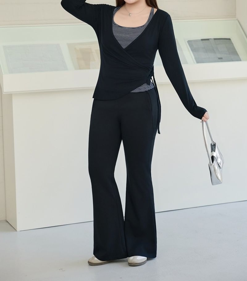 Plus-Size High-Waist Flared Sweatpants & Striped Tank & V-Neck Wrap Top