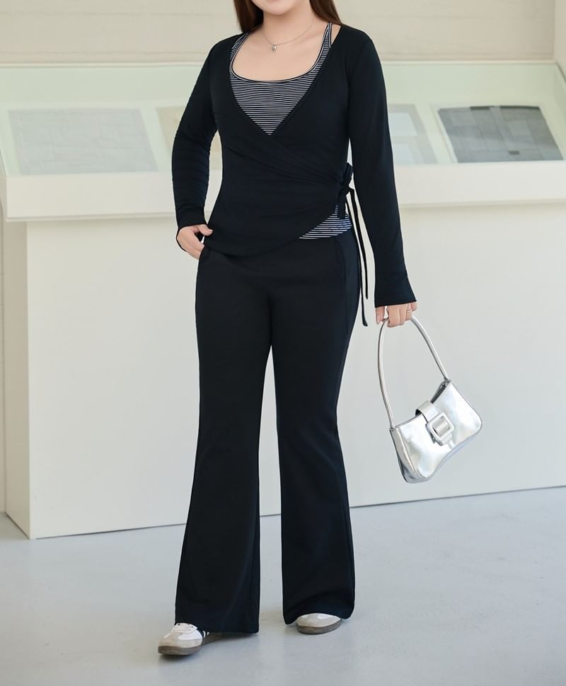 Plus-Size High-Waist Flared Sweatpants & Striped Tank & V-Neck Wrap Top