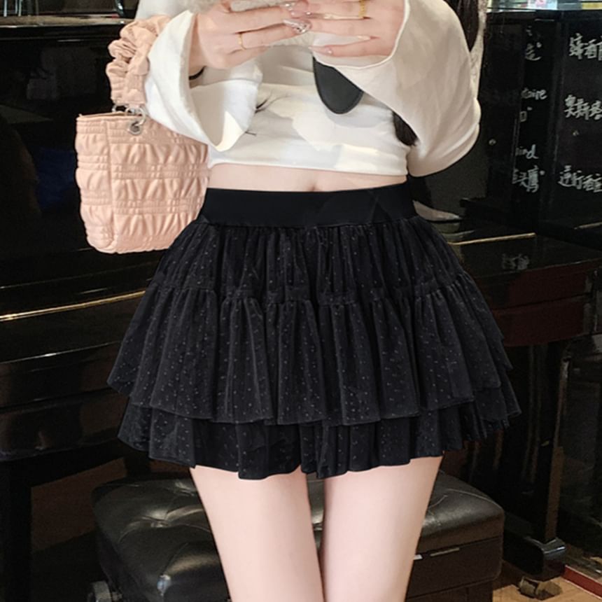 Sheer Mini Tiered Skirt with High Rise