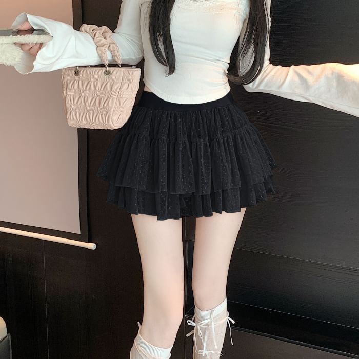 Sheer Mini Tiered Skirt with High Rise