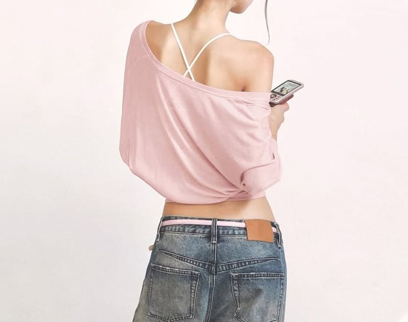 Off Shoulder Plain Long Sleeve Crop Top