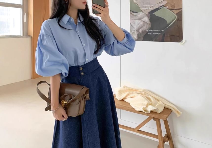 Solid Shirt with Long Sleeves & High-Waist Asymmetric A-Line Midi Skirt