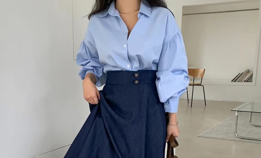 Solid Shirt with Long Sleeves & High-Waist Asymmetric A-Line Midi Skirt