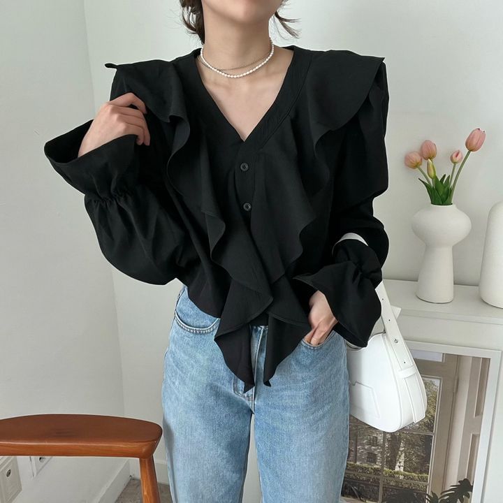 Ruffle-Trimmed Blouse with V-Neckline & Extended Sleeves